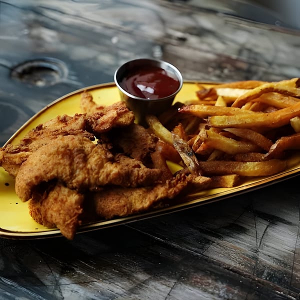 Crispy chicken tenders and golden french fries with a side of ketchup on a yellow plate.