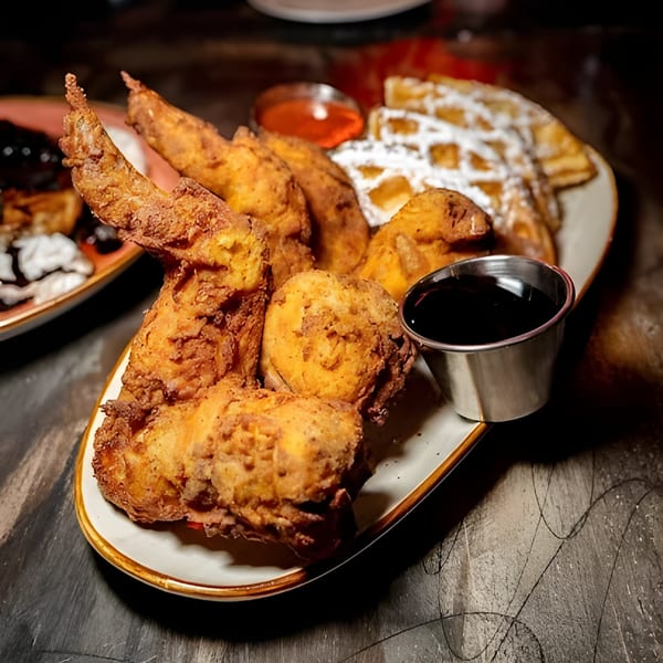 Crispy fried chicken wings and waffles dusted with powdered sugar, served with syrup and hot sauce.