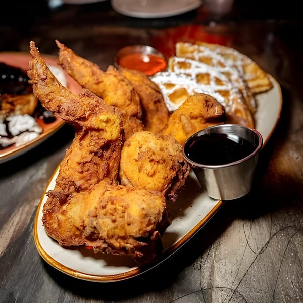 Crispy fried chicken wings and waffles with powdered sugar, syrup, and hot sauce on a white plate.